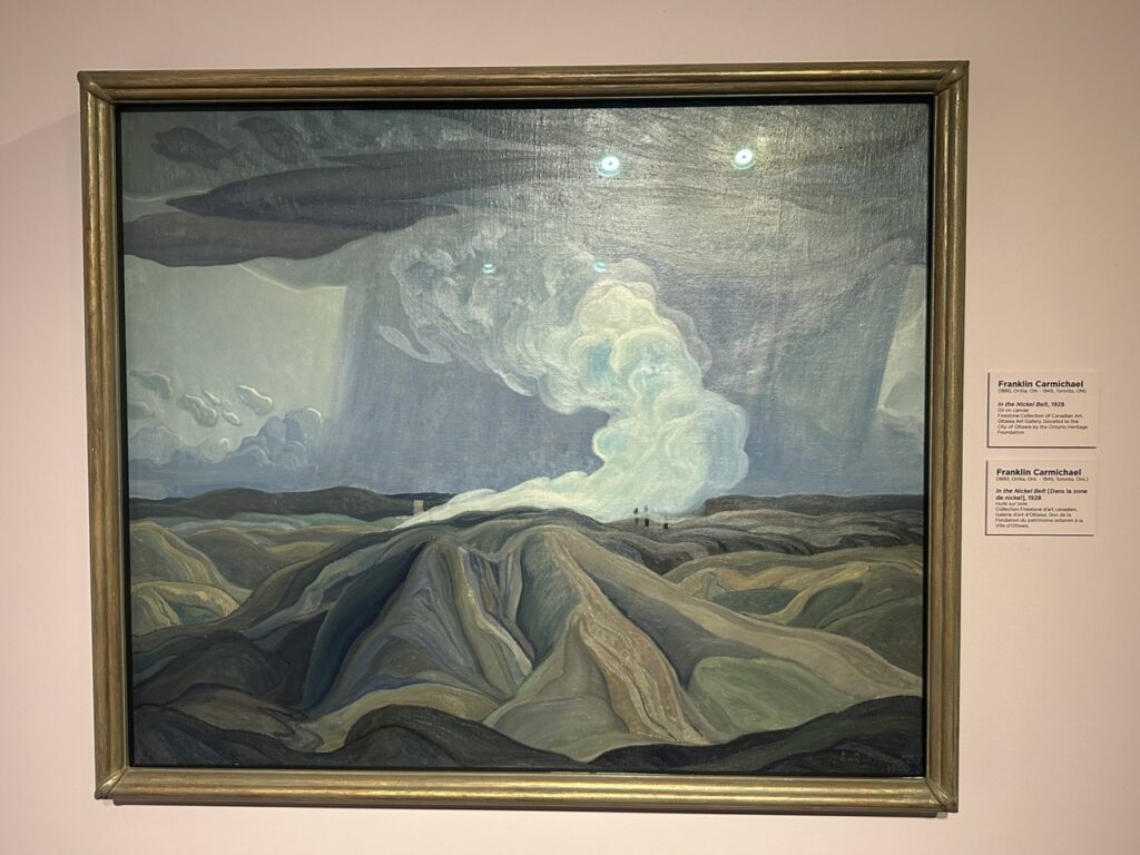 A landscape oil painting of dark colours low in saturation depicts an undulating ground which comprises the bottom half of the painting. Rising through the centre of the work is a plume of light grey smoke or clouds, meeting the top of the painting that consists of more grey clouds set against a pale grey sky.