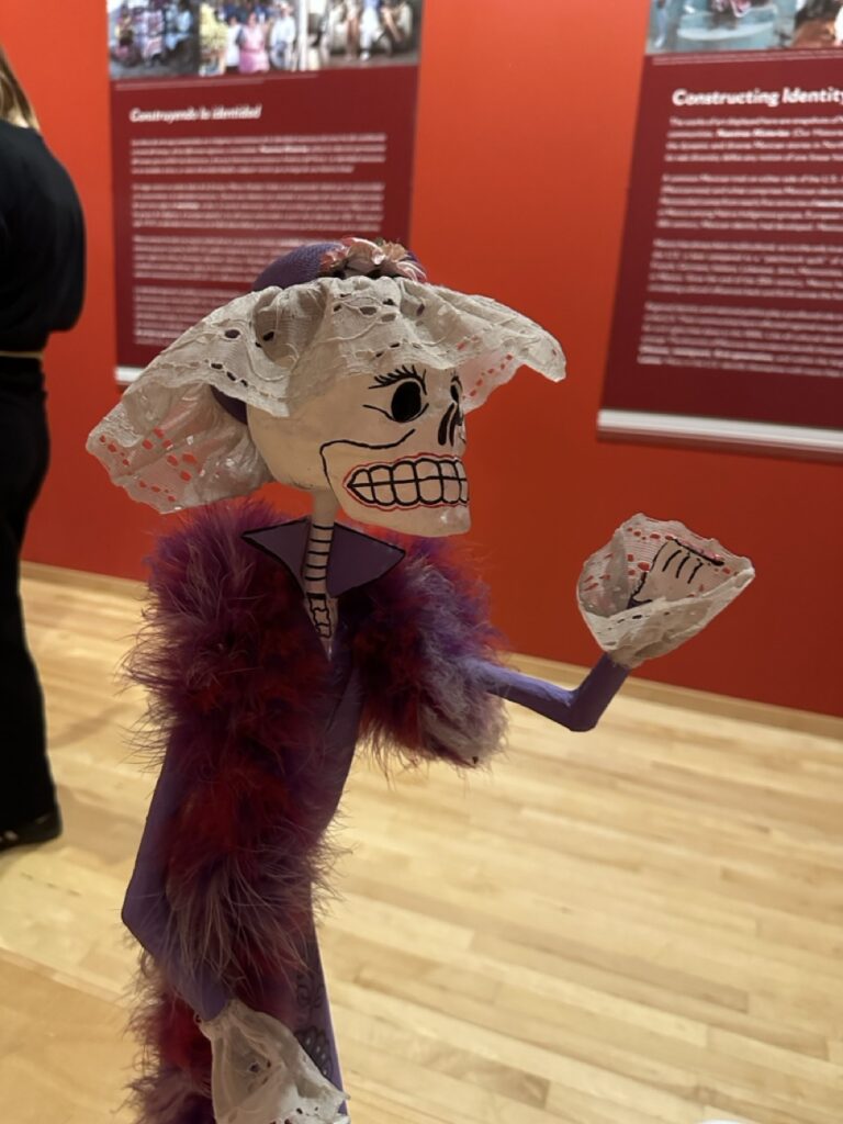 The picture shows a colorful figurine of a skeleton dressed in a festive outfit. The skeleton has a wide, toothy grin and large eye sockets, typical of a Day of the Dead decoration. It is wearing a purple hat adorned with a pink flower and a white lace veil that drapes over the back of the skull. The figure is also draped in a purple shawl with fluffy, dark purple feather trim. It is holding up a fan in its right hand, which is also decorated with a skeletal design. The background features a red informational panel with text, and there is a partial view of a person standing to the left. The floor is wooden.